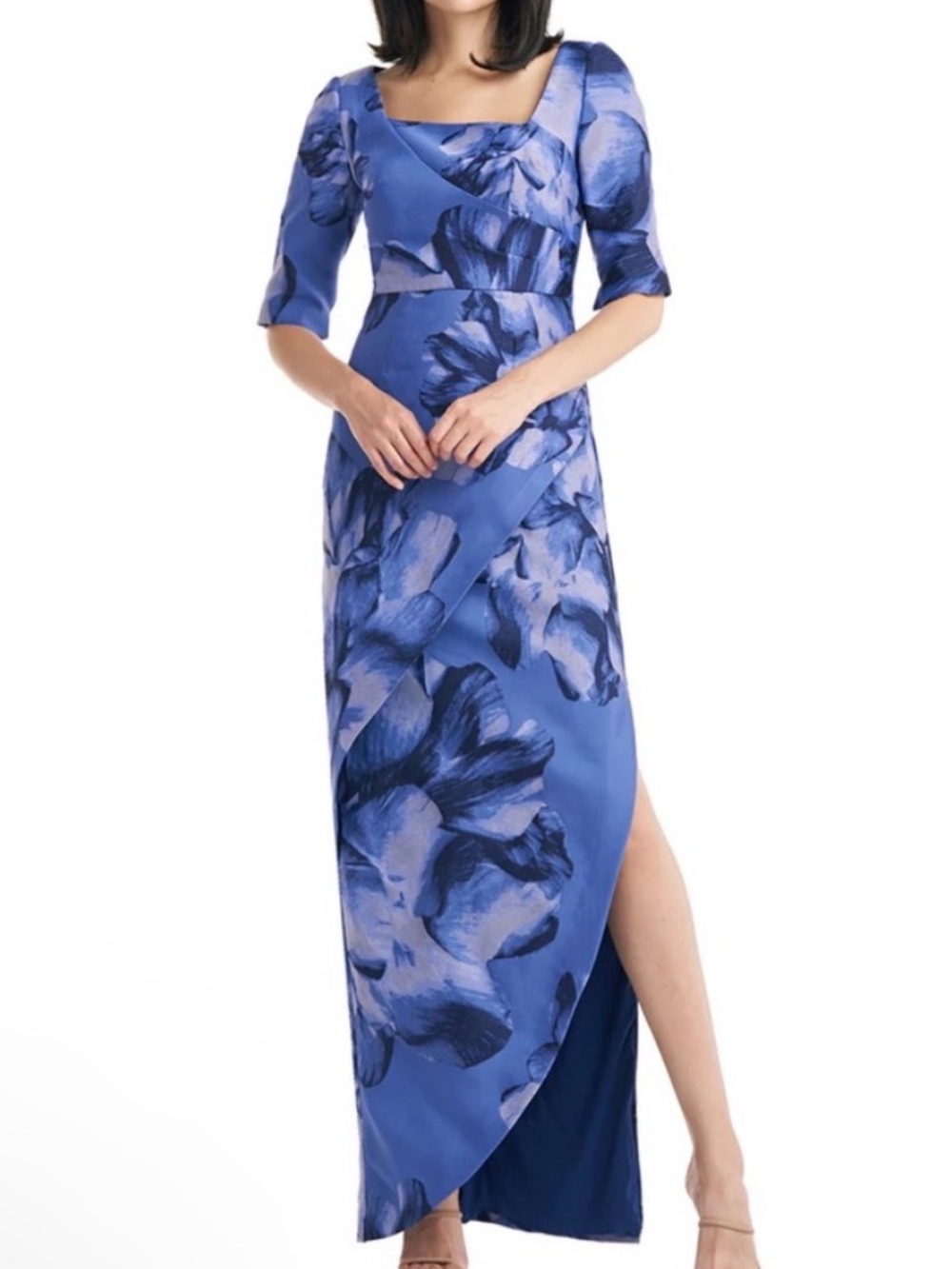 Kay Unger Sz 6 Blue Floral Square-Neck Evening Dress Gown Belted Half Sleeve NWT
